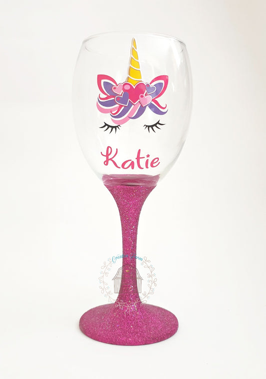 Personalised Unicorn Glitter wine Glass